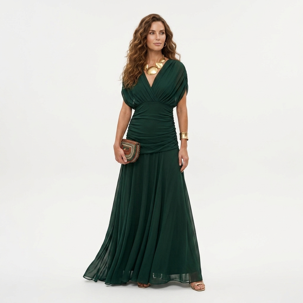 Xenia - Rochie lungă elegantă cu decolteu în V