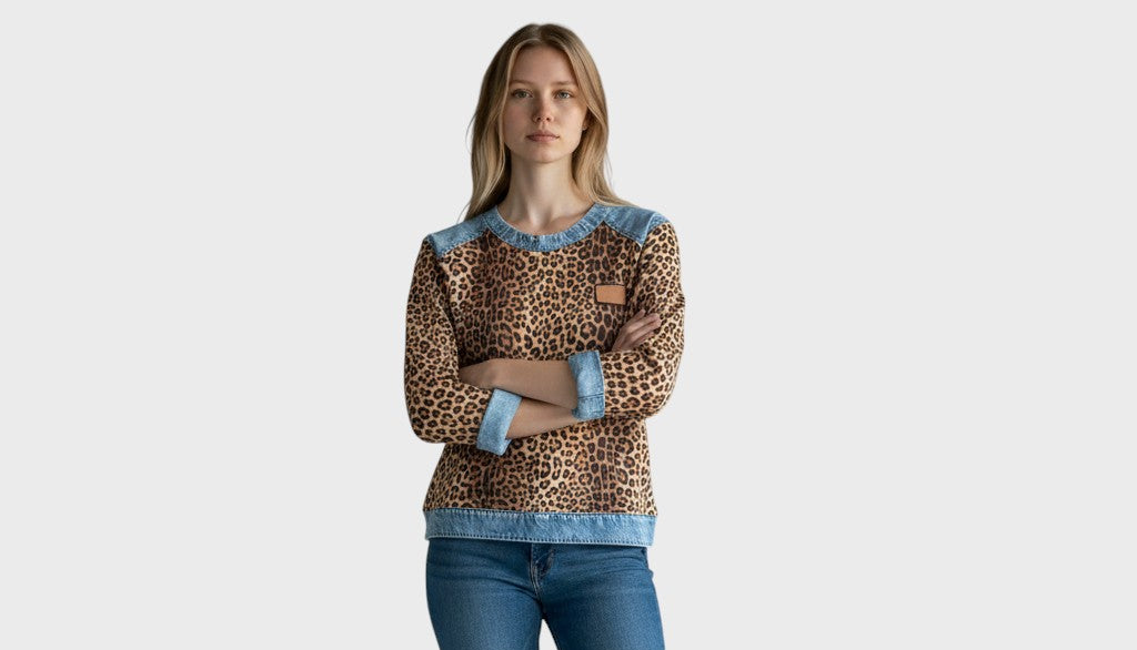 Roxy | Top cu model leopard și margini din denim