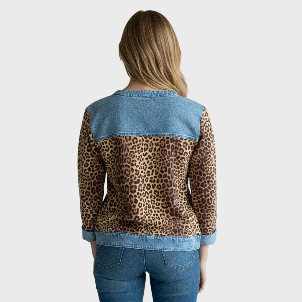 Roxy | Top cu model leopard și margini din denim